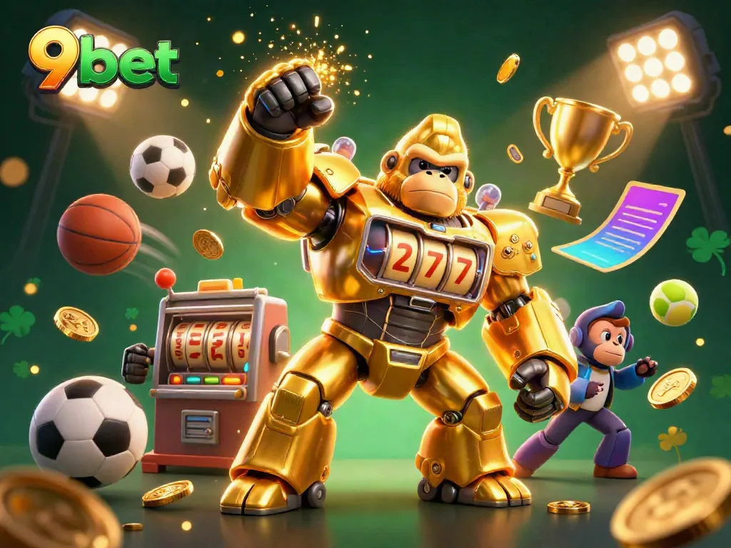 Experience the thrill of winning at 9bet with an action-packed 3D casino illustration featuring a golden gorilla mech and vibrant sports elements.
