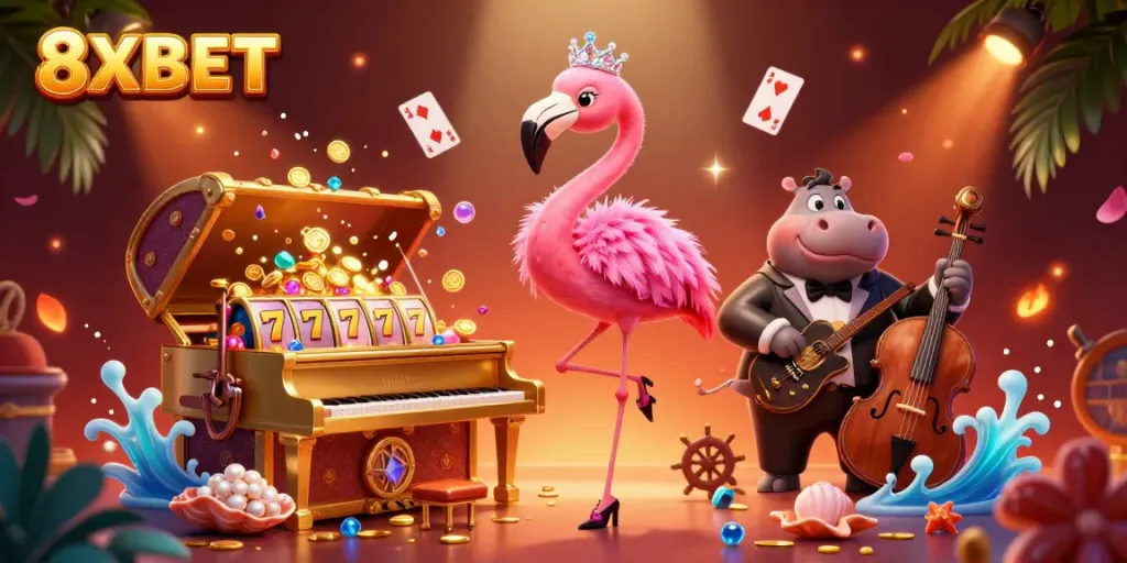 Experience lively entertainment with 8XBET in this colorful casino scene featuring vibrant characters and rich gaming elements.