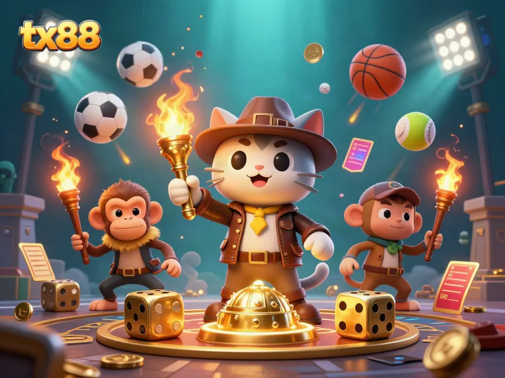 Experience thrilling sports betting excitement with tx88, featuring a feline explorer and treasures.