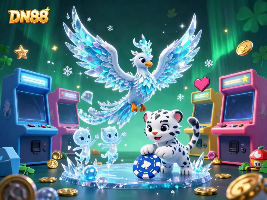 Experience DN88 excitement with a dynamic illustration of a fantasy scene including an ice phoenix and poker elements.