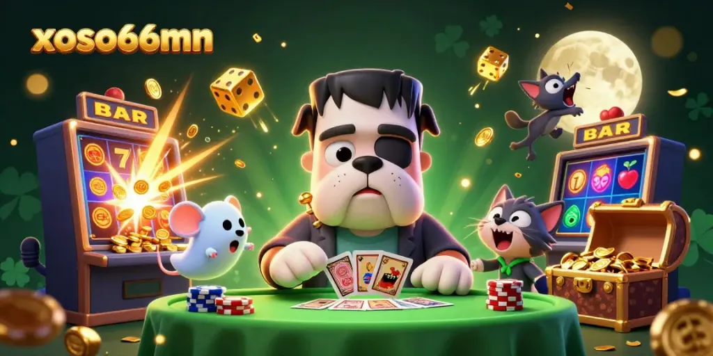 The xoso66mn casino scene features a cartoon Frankenstein bulldog, a ghost mouse, and a werewolf kitten amidst slot machine chaos.