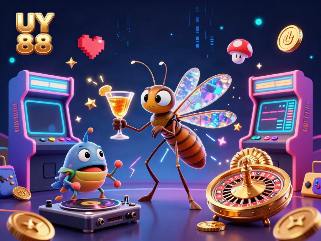 Engage with UY 88's vibrant 3D casino scene showcasing colorful characters and gaming elements.