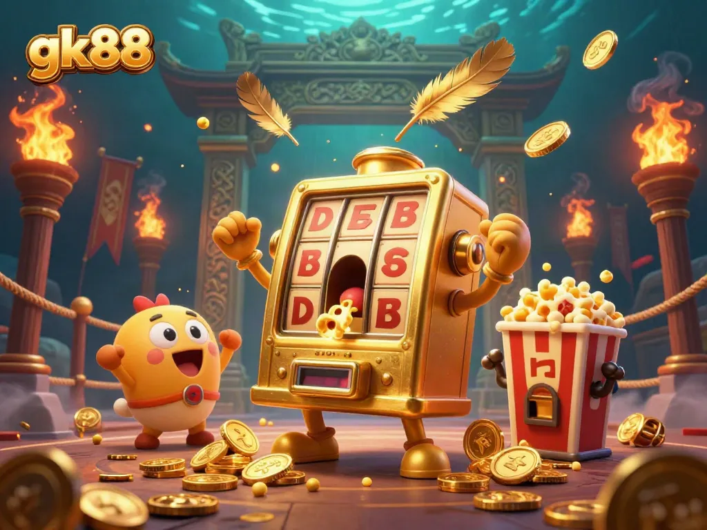 Experience gk88's thrilling jackpot moments with animated slot machines, golden coins, and festive celebration.