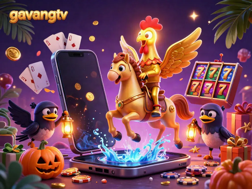 Experience the excitement of gambling with gavangtv's golden rooster riding through a vibrant casino scene.