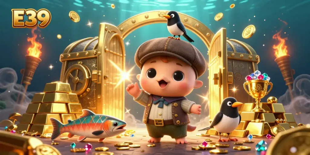 E39 platform showcases a vibrant, engaging underwater casino scene with playful characters and dynamic golden treasures.