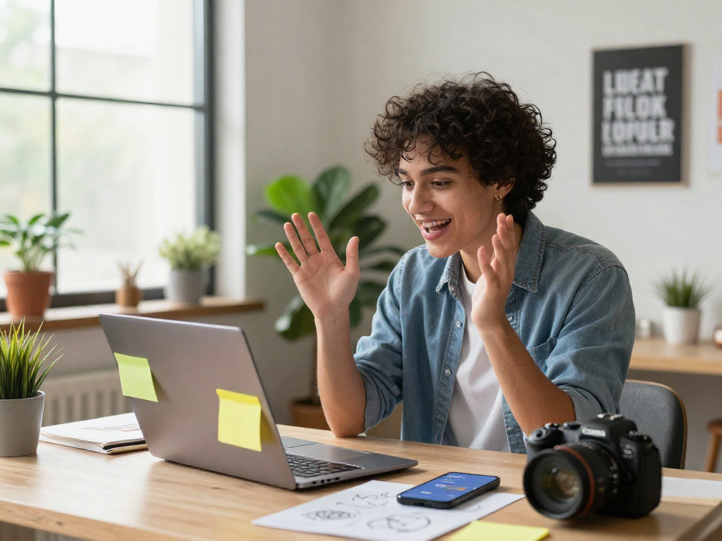 Engaging in a juicy chat during a video call in a vibrant home office.