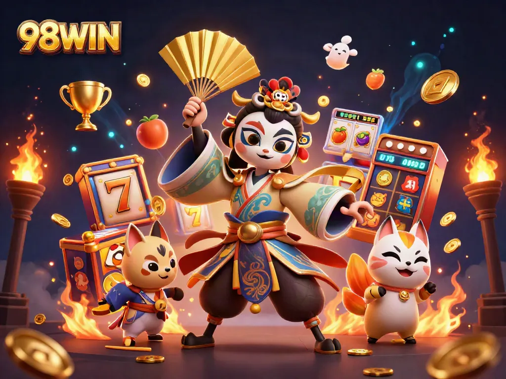 Engage with 98WIN through immersive slots, featuring kabuki warrior and slot elements.