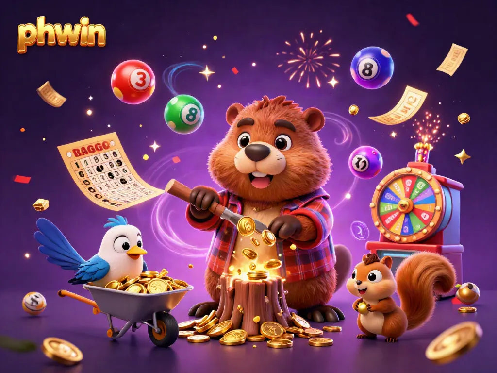 Play exciting games with phwin as the beaver chops trees raining coins, surrounded by fun lottery elements.