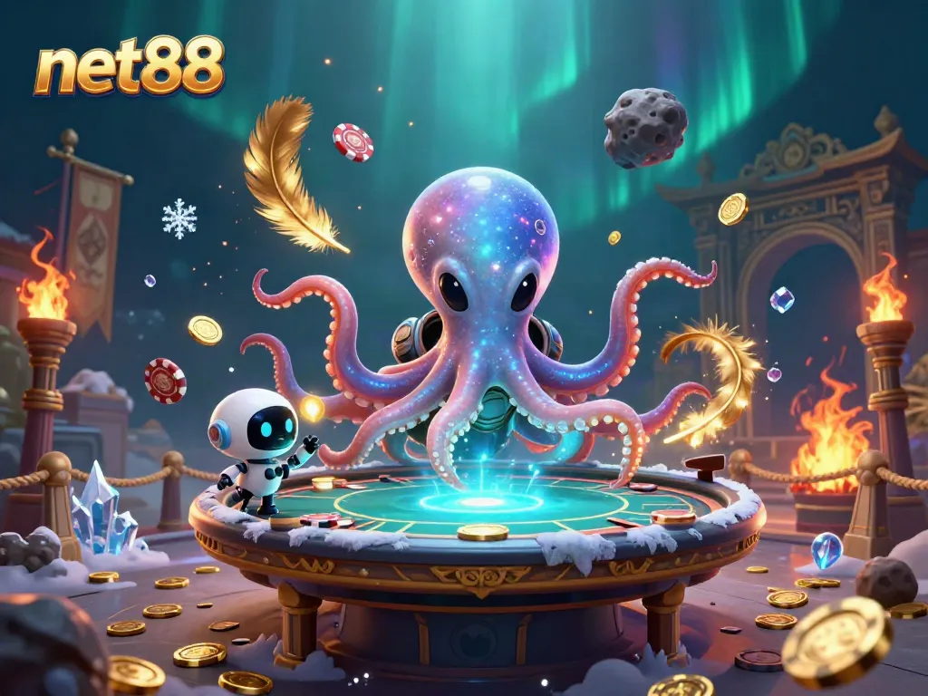 Experience thrilling poker gameplay with net88 in a vibrant cosmic scene featuring an octopus and robot.