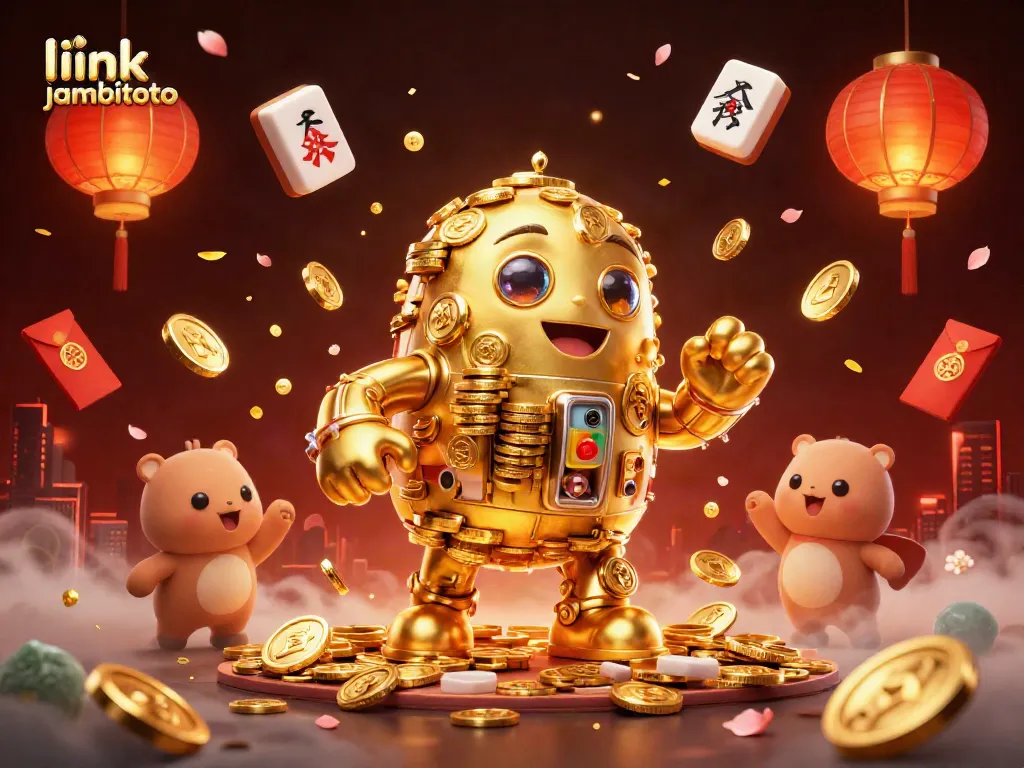 Experience fortune with link jambitoto featuring a golden golem, lanterns, and rich casino elements.