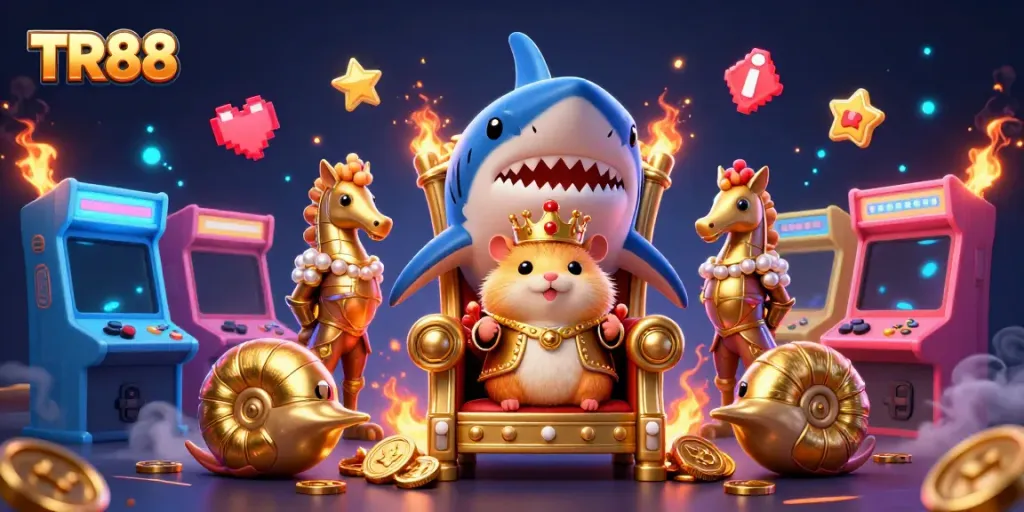Experience excitement with TR88, showcasing a hamster king on a megalodon throne amid vibrant casino gaming elements.