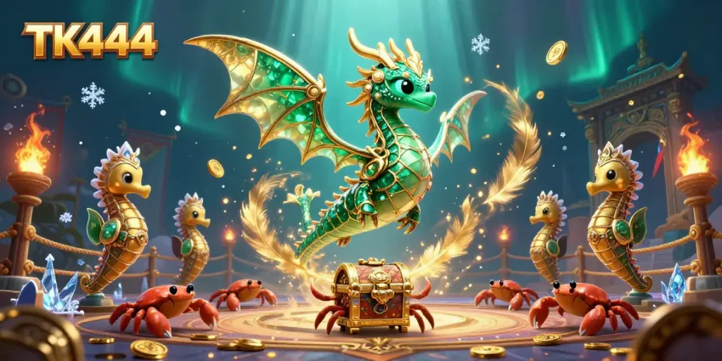 Win big at TK444 with the vibrant 3D casino scene featuring sea creatures and treasure.