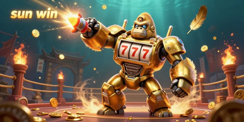 Engage in thrilling games at sun win with a golden gorilla mech launching coins amidst vibrant casino elements.