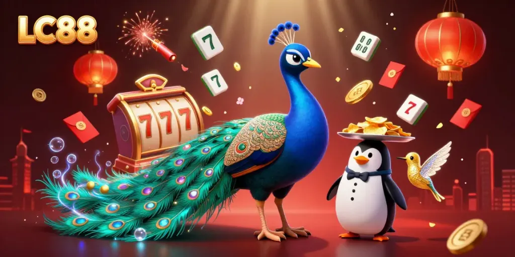 LC88 promotional 3D casino illustration featuring a vibrant peacock, penguin with chips, and a golden hummingbird.