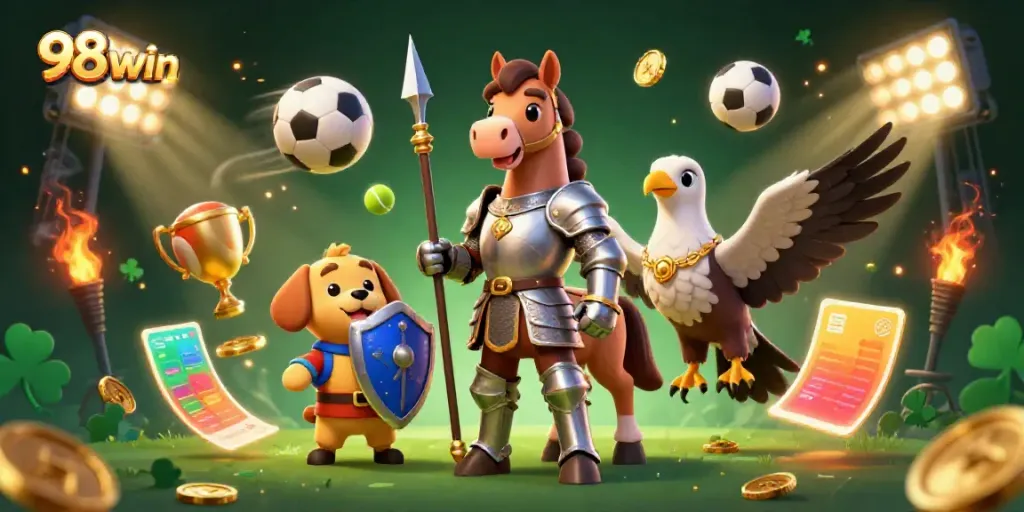 Engage with the 98win casino experience featuring a knight, puppy, and falcon in a dynamic gaming scene.