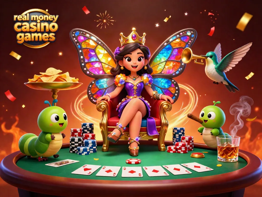 Engage with real money casino games illustrated by a vibrant casino scene featuring a butterfly queen and poker elements.