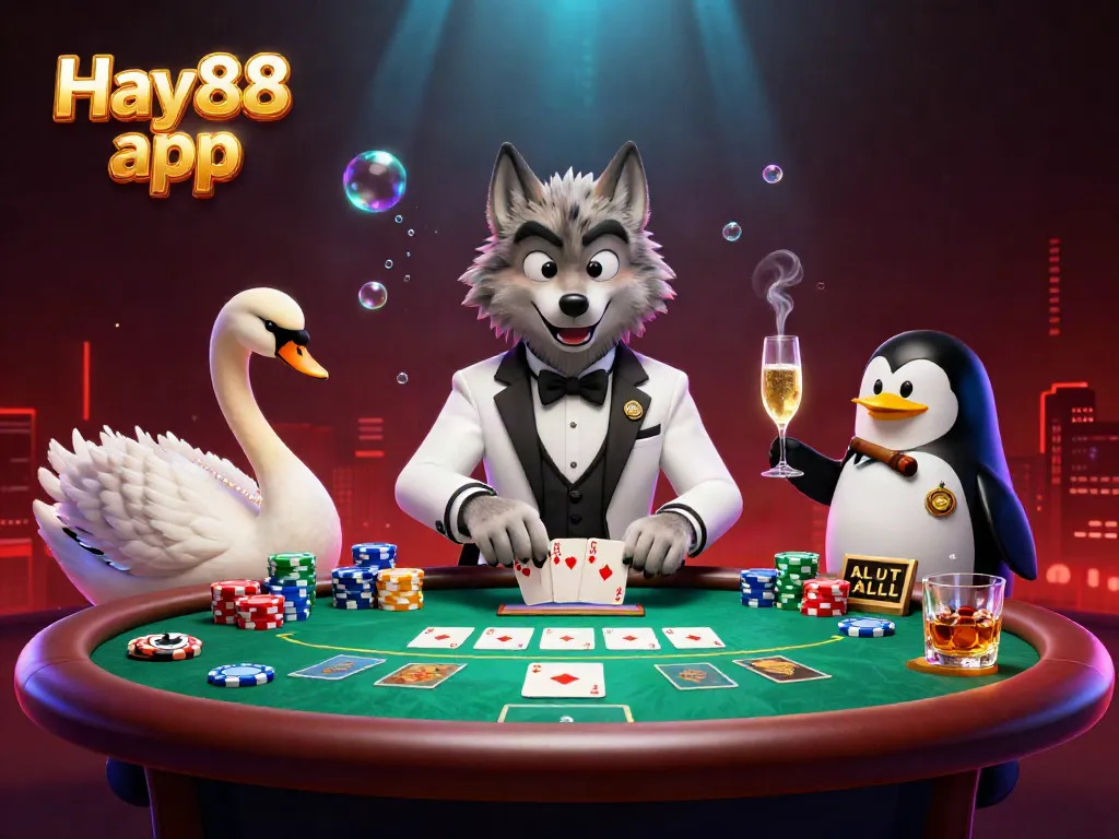 Experience the excitement of the Hay88 app with this vibrant 3D casino illustration featuring a wolf, swan, and penguin.