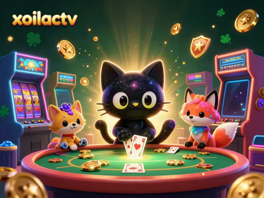 Xoilactv showcases a cosmic casino scene with a black hole cat and vibrant elements, perfect for gambling enthusiasts.