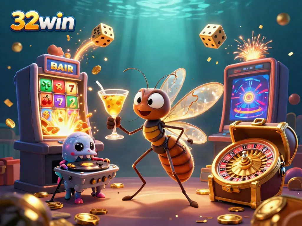 Experience the excitement of 32win with a vibrant casino-themed 3D illustration featuring unique characters and thrilling gaming elements.