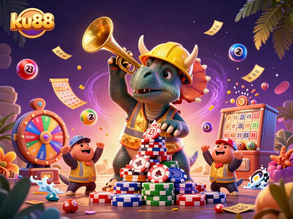 Experience excitement with ku88 as cartoon dinosaurs celebrate in a dynamic casino scene.