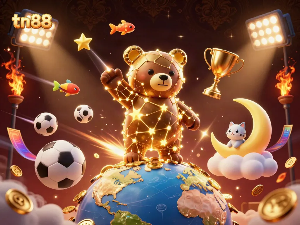 Engage with tn88's vibrant gaming world where a constellation bear collects coins amidst a dynamic sports betting scene.