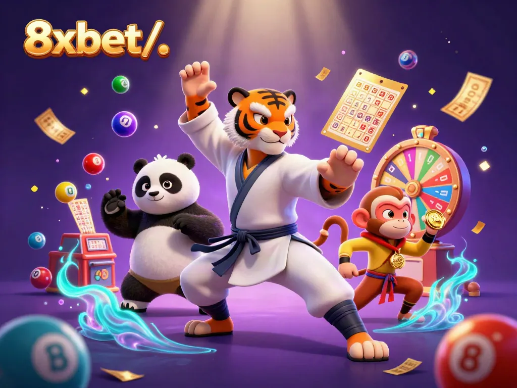Engage with thrilling fun as 8xbet/。 showcases vibrant game elements amid a dynamic casino setting with playful characters.