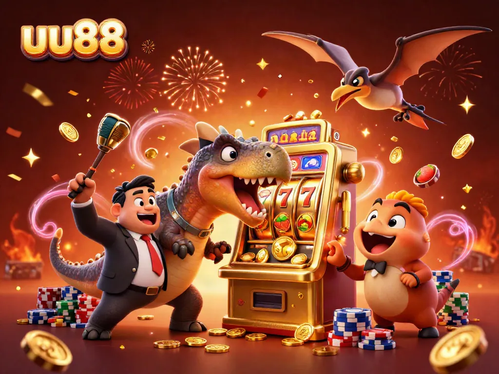 uu88 captures a thrilling jackpot scene with colorful characters and energetic casino elements.