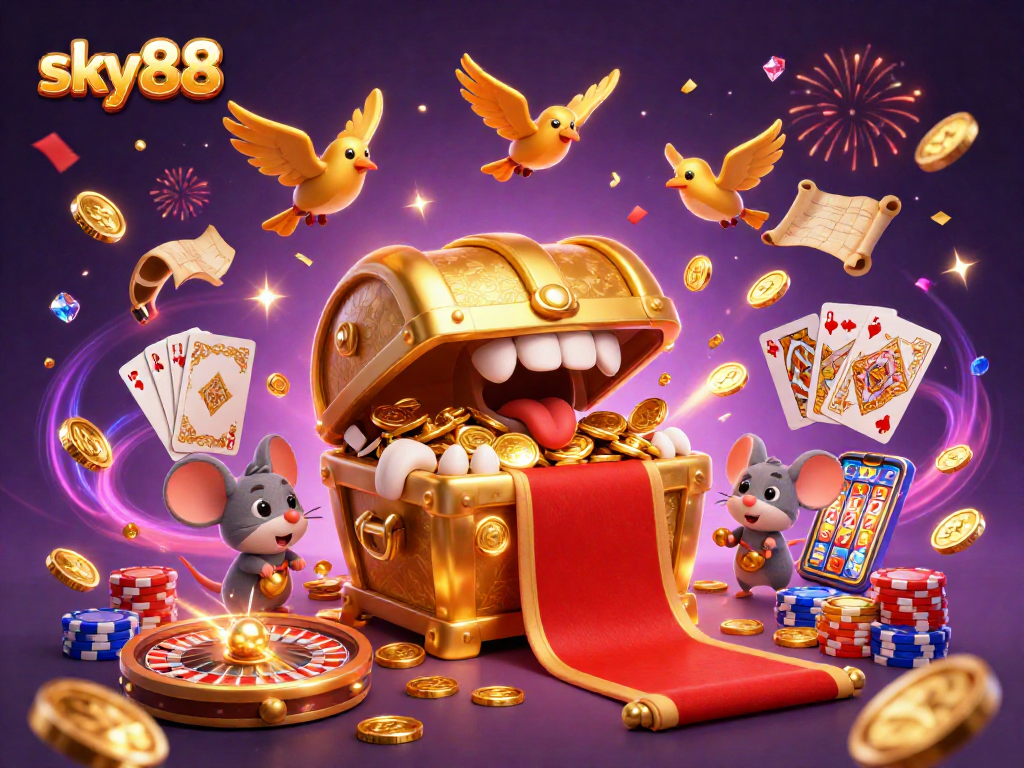 Experience the excitement of sky88 with a treasure chest luring adventurer mice surrounded by casino elements.