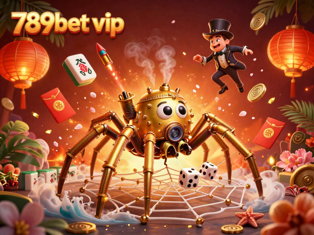 Engage with 789bet vip in a lively 3D casino scene featuring a golden spider and gaming elements.