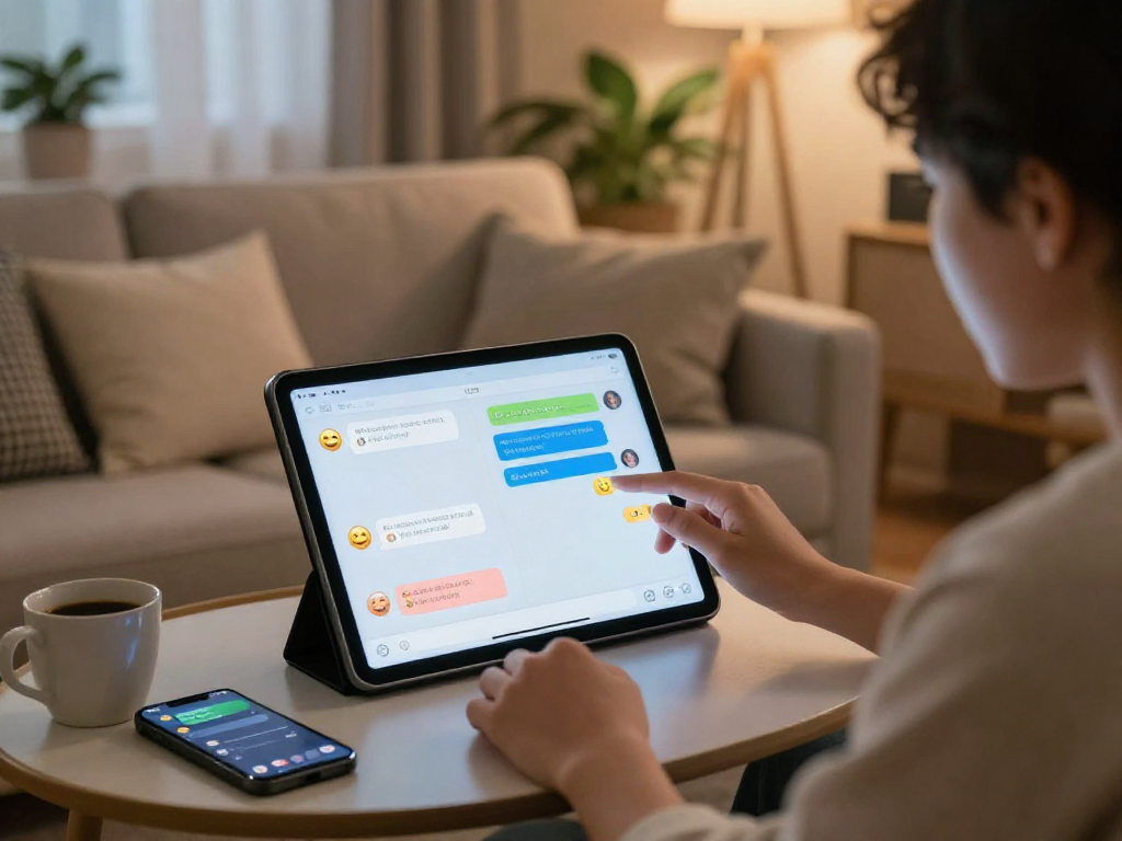 Engaging in ai sex chat with an AI companion on a sleek tablet in a cozy living room.
