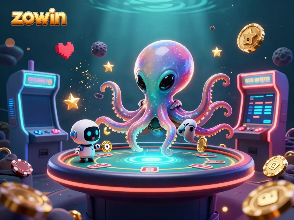 Zowin offers a vibrant casino experience with an alien octopus and robot playing poker under a cosmic underwater scene.