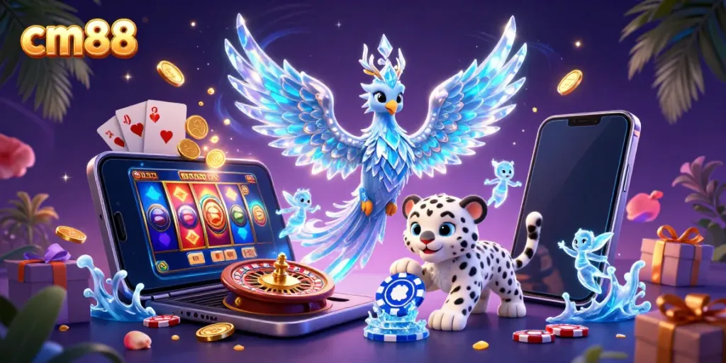 Engage in thrilling gaming at cm88 with a vibrant 3D casino scene, featuring a phoenix and playful ice sprites.