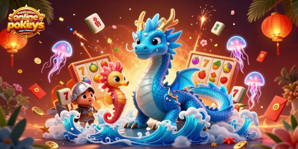 Engage with australian online pokies real money through vibrant 3D illustration featuring majestic dragon and lively characters.