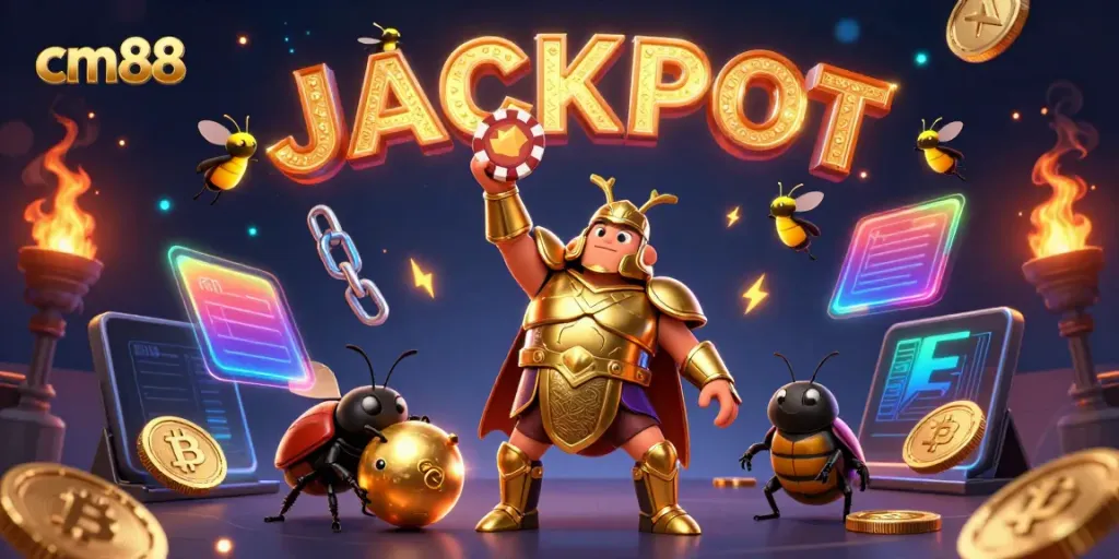 Experience thrilling winnings with cm88, a vibrant 3D illustration showcasing beetles and glowing casino elements.