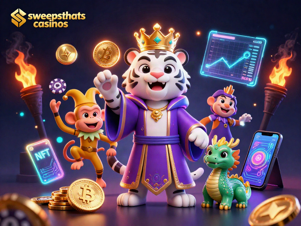 Engage with sweepstakes casinos through a vibrant 3D illustration of dynamic casino characters.