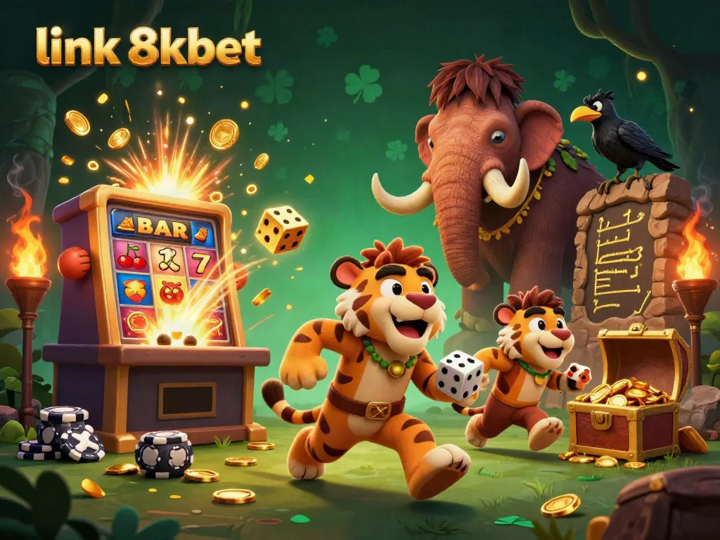 Experience the thrill of link 8xbet with a lively prehistoric casino scene featuring dynamic gaming elements.