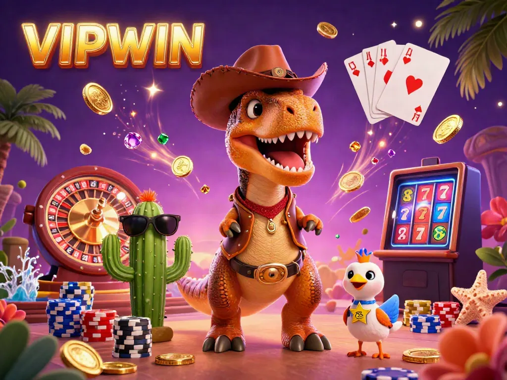 Engage with VIPWIN as a vibrant dinosaur and friends celebrate wins in a thrilling casino.