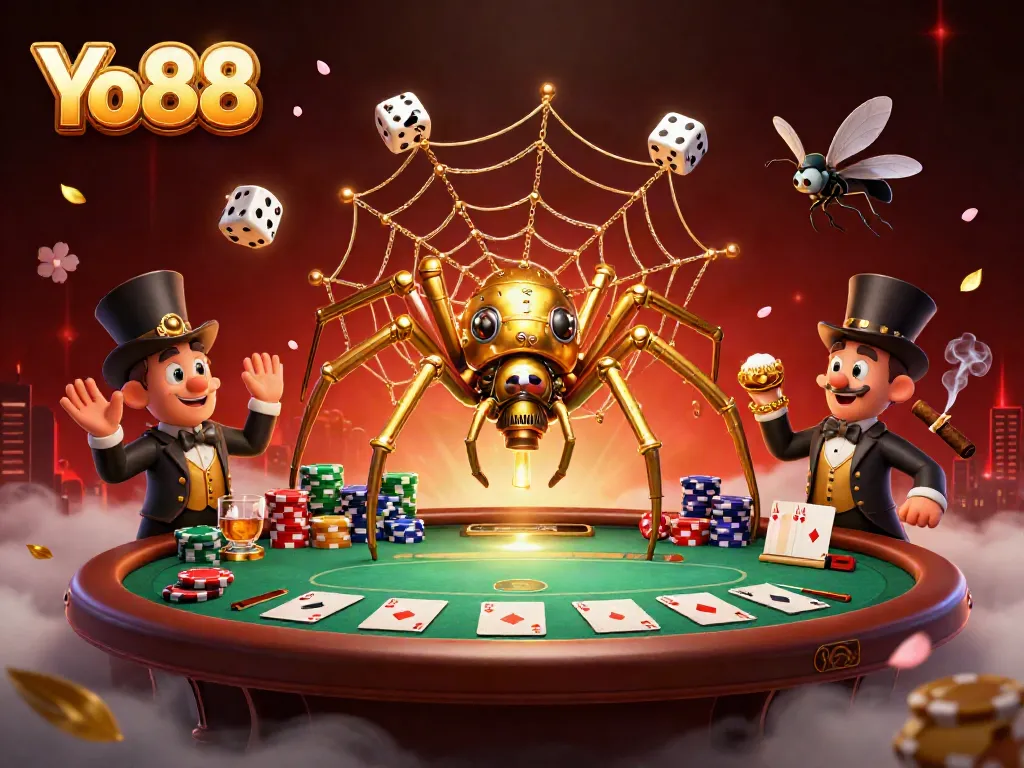Yo88 captivates players with a steampunk-themed casino illustration filled with vibrant game elements and rich details.