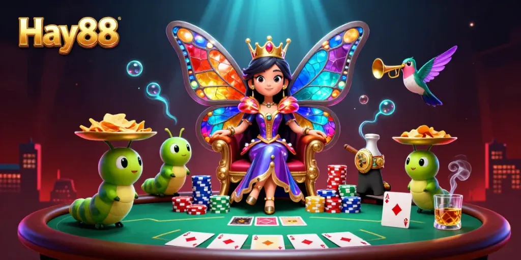Experience thrilling gameplay at Hay88 with a colorful butterfly queen amidst vibrant casino elements.