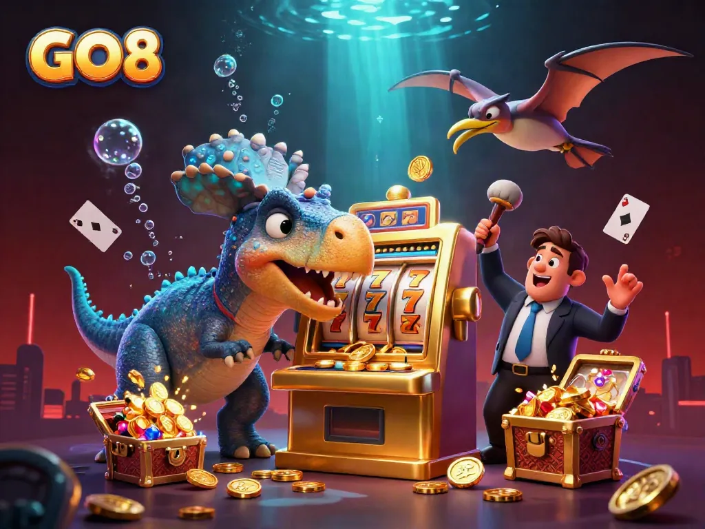 GO8 slots jackpot scene with a dinosaur hitting a slot machine amid flying coins and casino elements