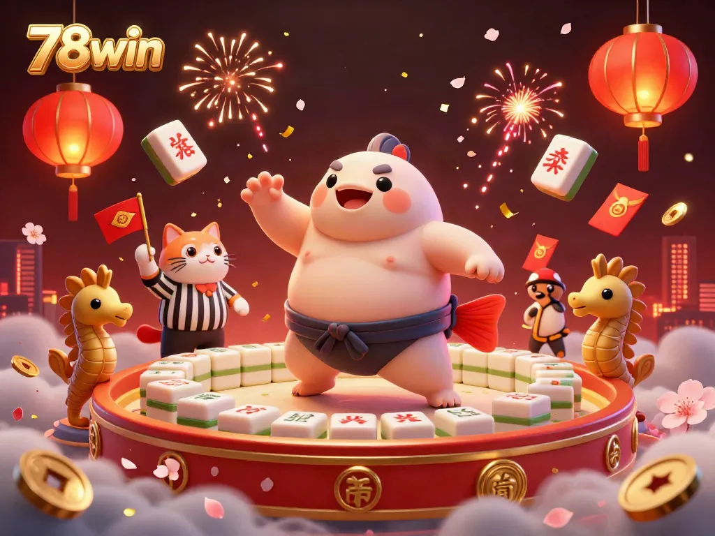 Experience the thrill of gambling with 78win in this vibrant 3D casino scene featuring a pull fish character and festive decorations.