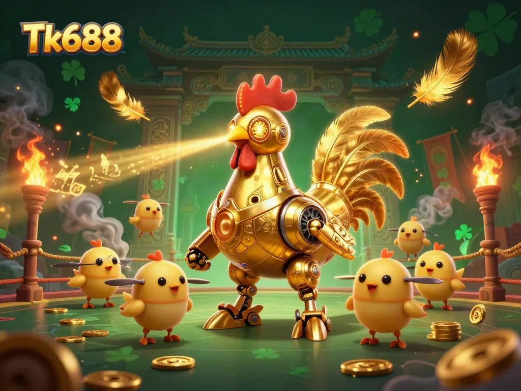 Experience thrilling gameplay with Tk688 as the golden rooster robot and chick drones lead the action in an electrifying arena.