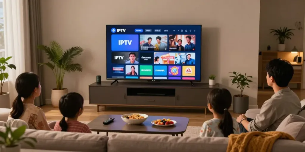 Family enjoying the latest Iptv Service in a cozy living room.