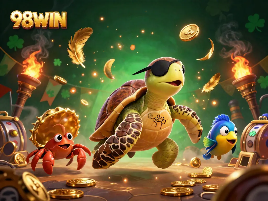 Engage in thrilling gameplay at 98WIN, featuring a cartoon pirate turtle and vibrant casino elements.