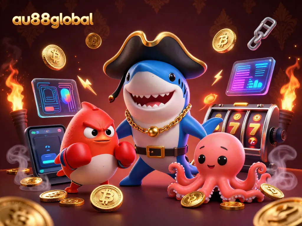 Engage with the vibrant world of au88global, where cartoon characters and glowing crypto coins enhance the online casino experience.