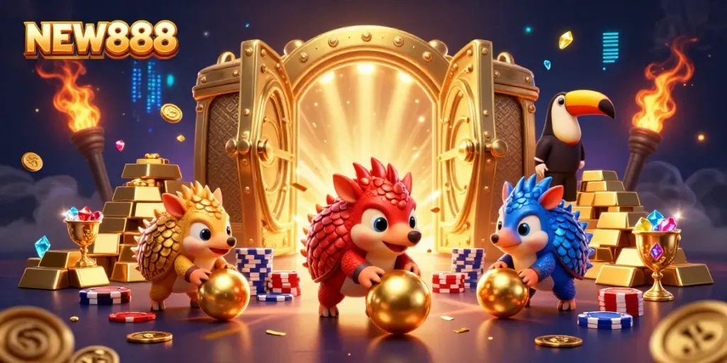 Join the exciting action at NEW888 with animating pangolins in a dynamic casino game scene