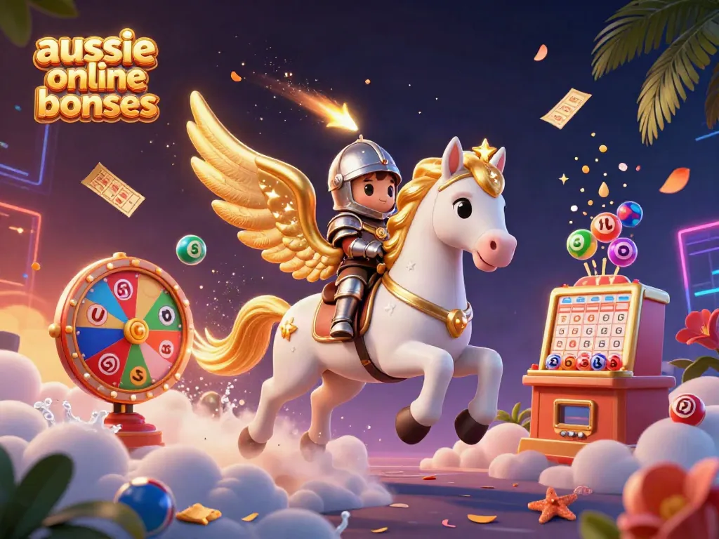 Experience the thrill with aussie online casino bonuses illustrated in vibrant 3D art featuring a celestial horse and other lively casino elements.