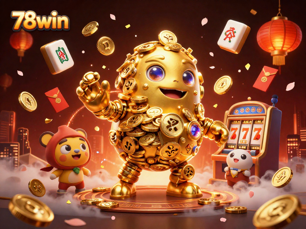 Engage in thrilling games at 78win, featuring a dynamic 3D illustration of exciting casino elements.