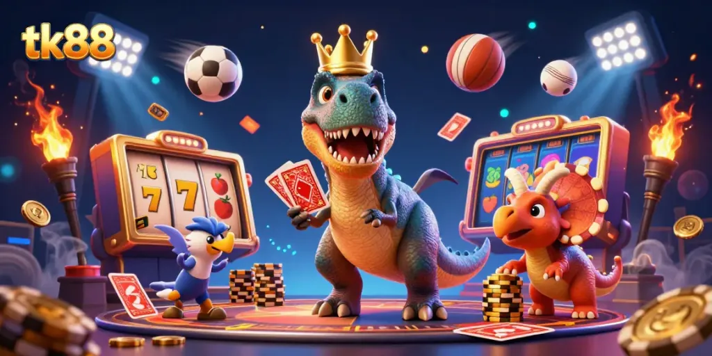 tk88 showcases a dinosaur-themed casino scene with a T-Rex shuffling cards and colorful slot elements.