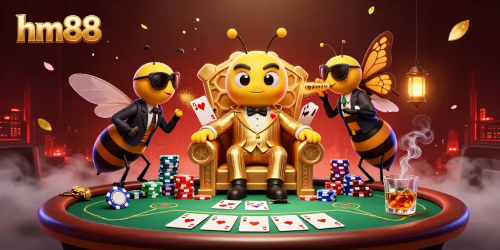 Experience the excitement of hm88 casino with a vibrant 3D illustration showcasing a bumblebee mob boss surrounded by a poker game.